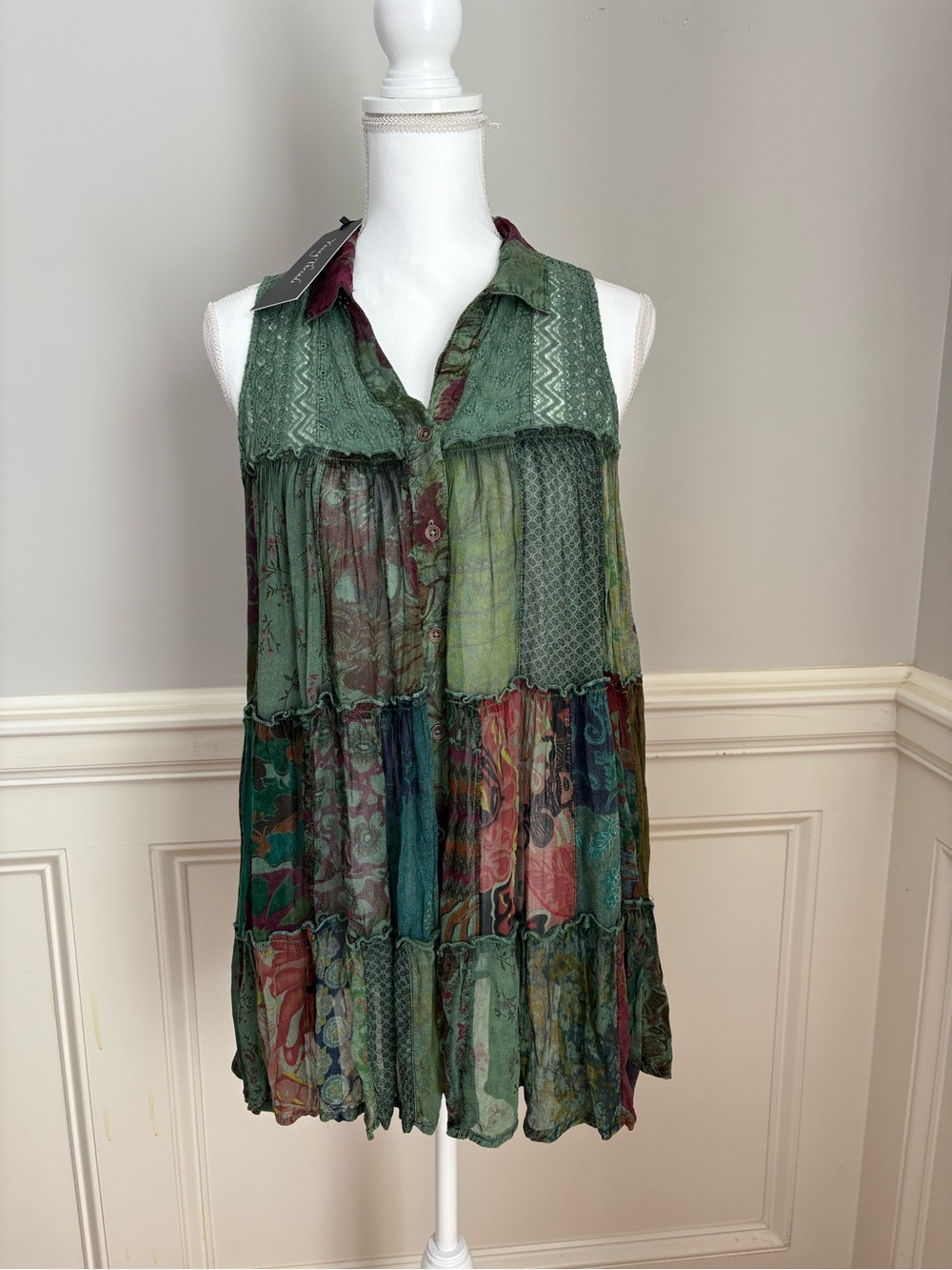 NWT Young Threads Patchwork Meadow Basil Whimsigoth Boho Tunic
